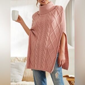 Simple Suzanne Betro Women's Cable Knit Poncho Plus Size 1X/2X Pink Cowl Neck